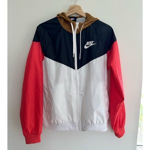 Nike Windrunner hooded windbreaker jacket in white, black, red, and brown